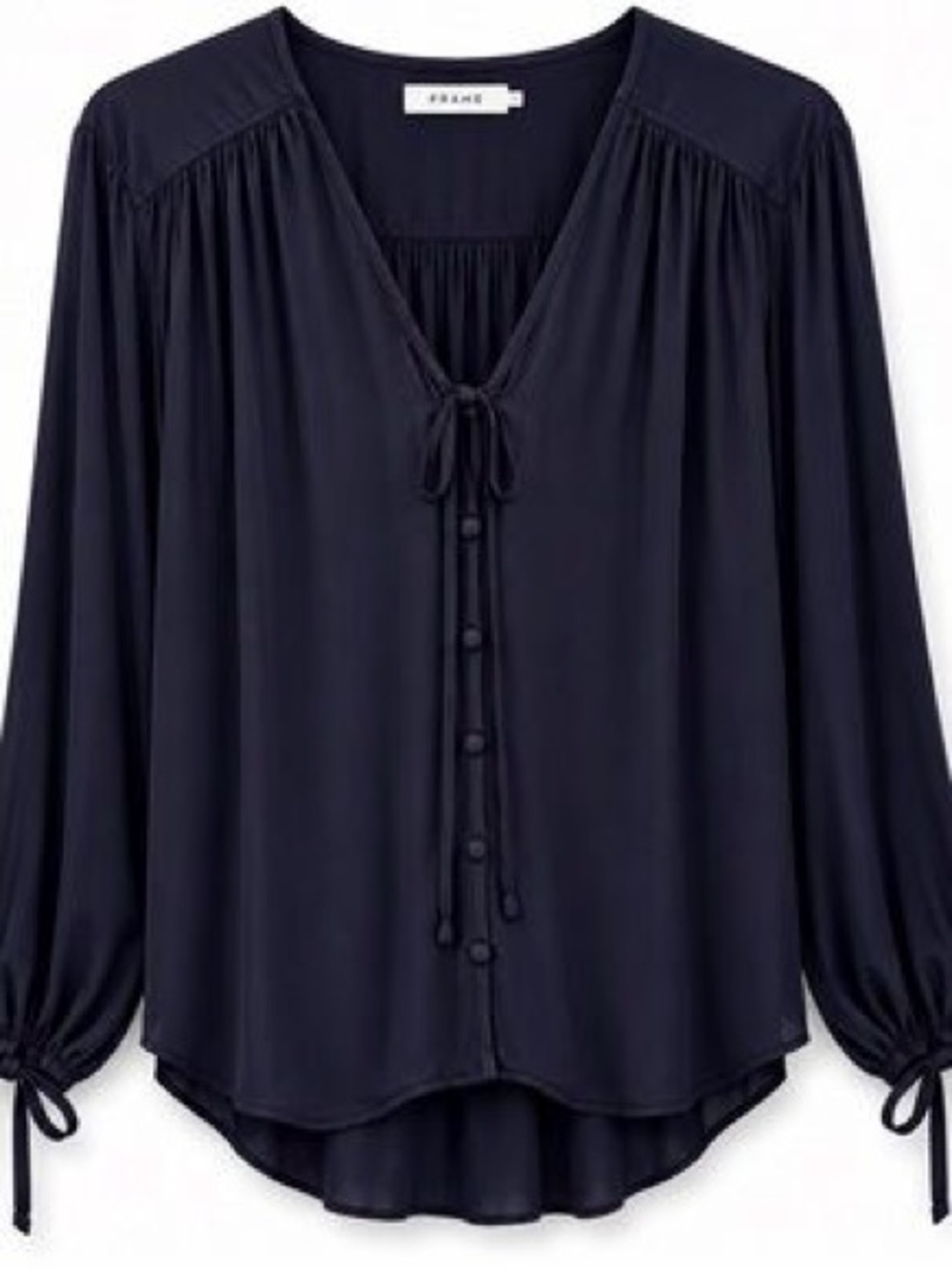 FRAME Navy Tie Neck Blouse Viscose Long Sleeve Business Casual Women’s Small